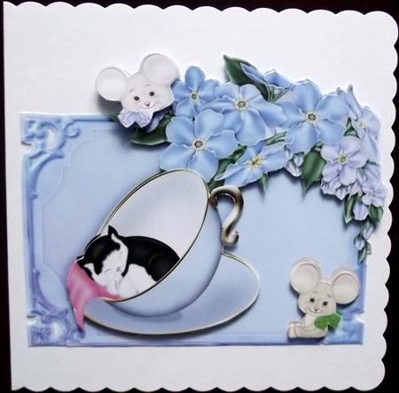 Little Kitten with Mice in Teacup in Floral Frame by Hilary Shemmans