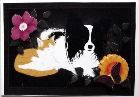 Papillon and Ginger Kitten in Floral Scene by Hilary Shemmans