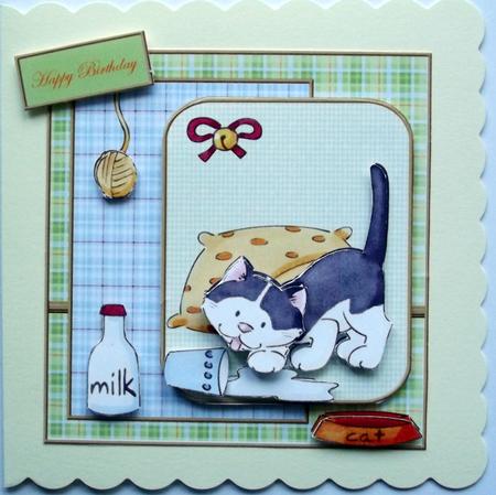 Cat Spilt the Milk Card Front and Topper by Hilary Shemmans