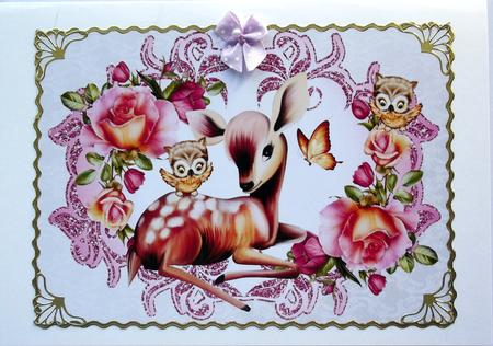 Cute Little Deer in Frame of Roses with Owls A4 by Hilary Shemmans