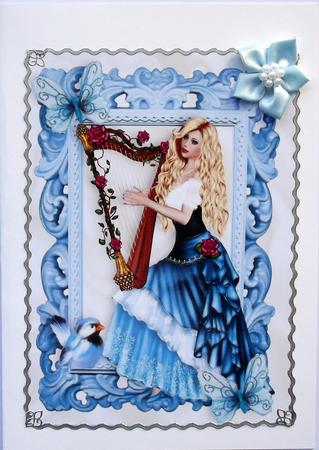 Vintage Girl with Harp of Roses with Butterflies A4 by Hilary Shemmans