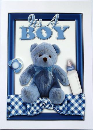 Blue Knitted Bear for Baby Boy with Bottle by Hilary Shemmans