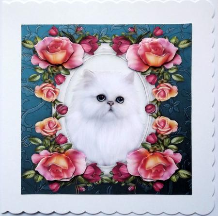 8 x 8 Baby Blue Eyes Kitty Cat & Roses Decoupage Card Topper by Hilary Shemmans