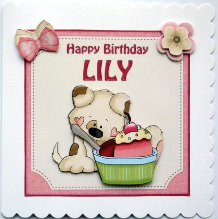 6x6 Lily Birthday Puppy & Cupcake Decoupage Quick Card by Hilary Shemmans