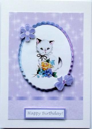 Vintage Cat Purple Card Front with Decoupage by Hilary Shemmans