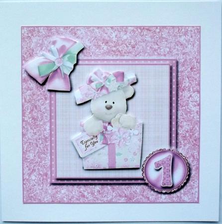 8x8 Pink Birthday Bear 1st Birthday with Decoupage by Hilary Shemmans