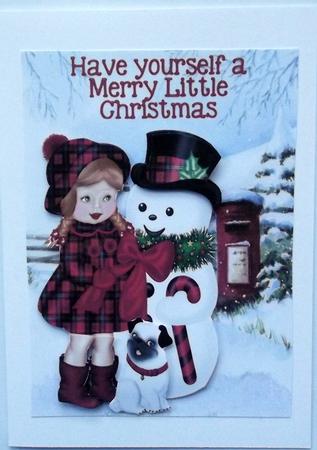Little Girl in Tartan with Snowman & Pug by Hilary Shemmans