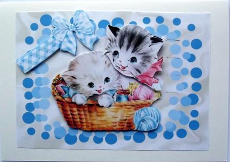 Kittens in Basket of Knitting with Bow by Hilary Shemmans