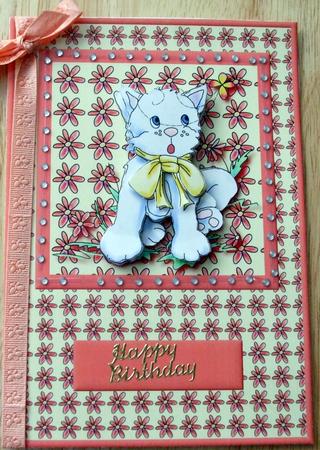 Cute Cat in the Flowers Card Front with Decoupage by Hilary Shemmans