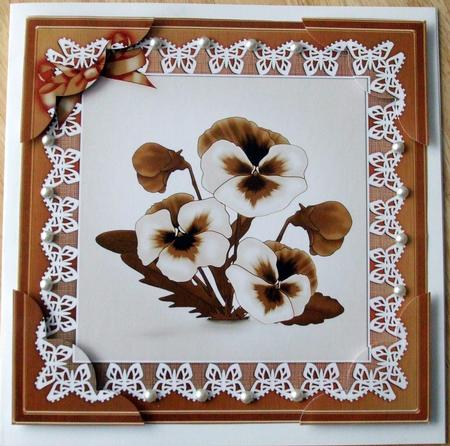 8 x 8 Pansy on Butterfly Lace Scalloped Corner Topper by Hilary Shemmans