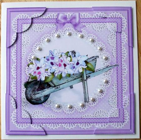 8 x 8 Flower Filled Wheelbarrow Scalloped Corner Topper by Hilary Shemmans
