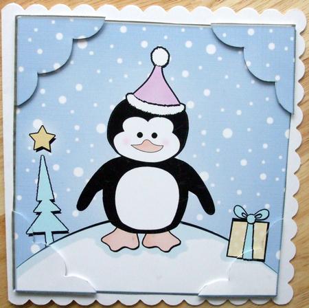 8 x 8 Cute Xmas Penguin Scalloped Corner Topper by Hilary Shemmans