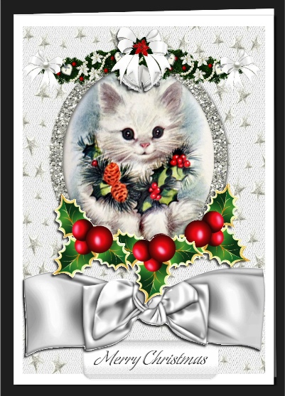 White Kitten with Holly and Berry Swag with Bow by Hilary Hallas