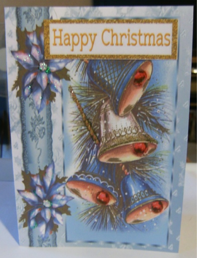 Christmas Bells, with Holly & Blue Poinsettias A4 by Hilary Hallas