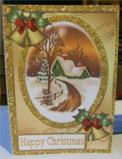 Pretty Cottage in the Snow with Bells A4 by Hilary Hallas