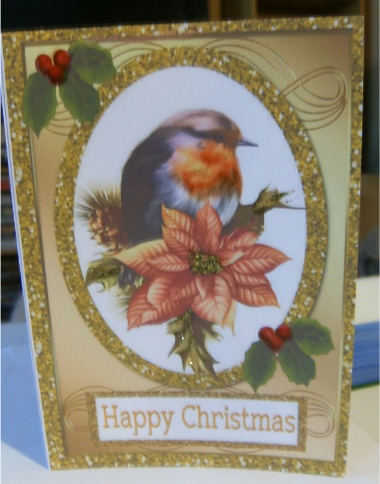 Robin with Poinsettias & Holly A4 by Hilary Hallas