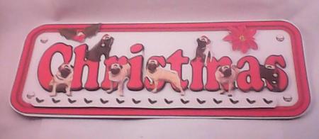 Pug Dog & Hats Christmas Name Sign 3D Decoupage by Hilary Hallas