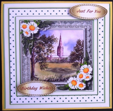 Beautiful Daisys and Catherdral scene  by Hilda Mullinger