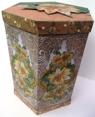 GORGEOUS TALL HEXAGONAL DECOUPAGE BOX - BAUBLES AND GOLD CHRISTMAS by Hilda Mullinger