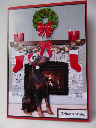Doberman Christmas Fireplaace 3D Decoupage by Hilda Mullinger
