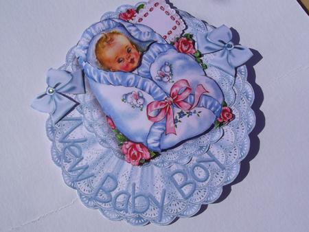 Vintage Baby Boy on Lace Rocker Card with Bows by Hilda Mullinger