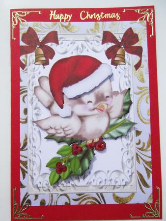 Little Robin in Santa Hat on Holly by Hilda Mullinger