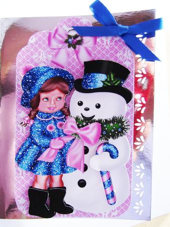 Little Girl with Snowman on Pink Lace Tag by Hilda Mullinger