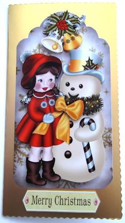 Little Girl in Orange with Snowman on a Tag by Hilda Mullinger