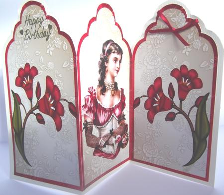 Pretty Vintage Lady with Red Dress and Flowers Tri Fold by Hilda Mullinger