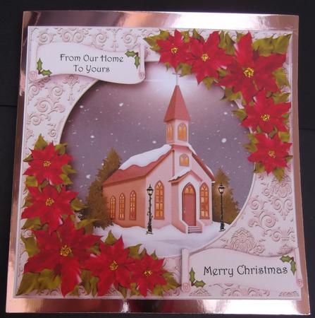 Red Poinsettias & Church with Linen Frame by Hilda Mullinger