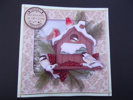Christmas Birdhouse with Robins and Chickadees by Hilda Mullinger