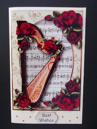 Gorgeous Harp with Sheet Music & Red Roses by Hilda Mullinger
