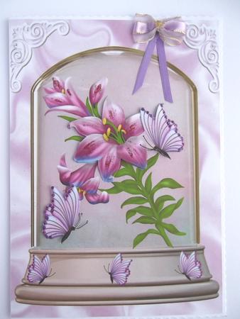 Pretty Pink Lillies in Glass Dome with Butterflies A4 by Hilda Mullinger