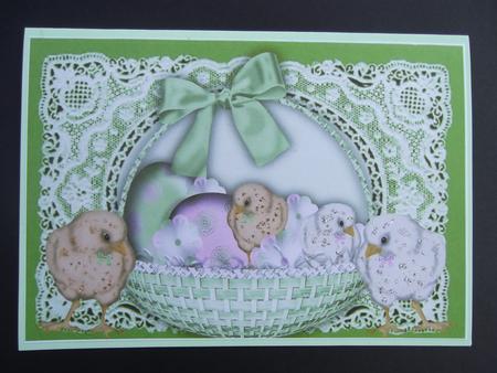 Cute Easter Chicks in Basket on Lace A4 by Hilda Mullinger