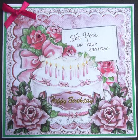 Pretty Birthday Cake with Pink Roses & Bow 8x8 by Hilda Mullinger