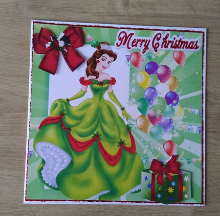 pretty princess belle in christmas gown with red bow & balloons 8x8 by Honorscard Appleby