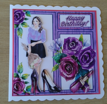 Modern girl with makeup and purple roses in window frame 8x8 by Honorscard Appleby