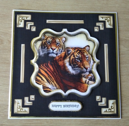 Black & Gold Chinese Tigers 7.5 x 7.5 Card Topper With Decoupage and Greetings Tags by Honorscard Appleby