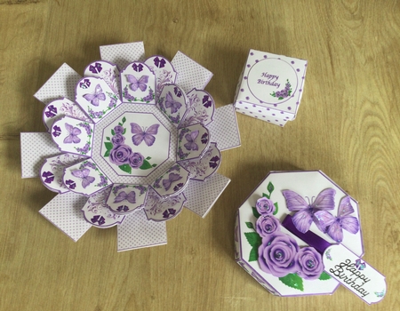 Lilac rose and butterfly octagonal exploding box card with matching gift box by Honorscard Appleby