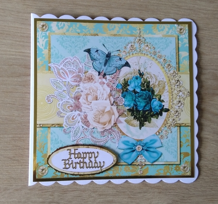 6 x 6 Card Front Teal Rose Bouquet with Toppers and Sentiments, Mint/Gold by Honorscard Appleby