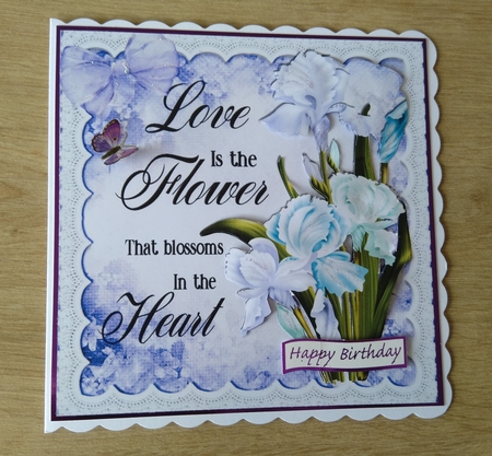 Pretty flowers iris with purple bow and lace 8x8 by Honorscard Appleby