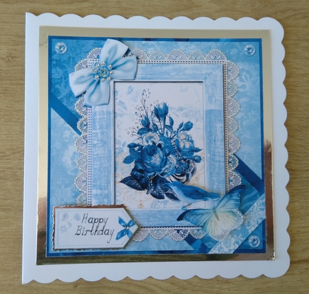 6 x 6 Card Front Blue Roses with Topper and Sentiment Tags by Honorscard Appleby