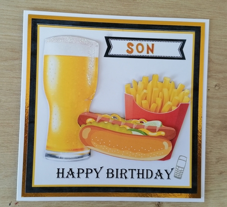 Beer, hotdog and fries birthday card topper for 6x6 card by Honorscard Appleby