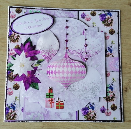 8 x 8 Card Front Lilac/White Glitter Christmas Baubles 12 with Sentiments by Honorscard Appleby