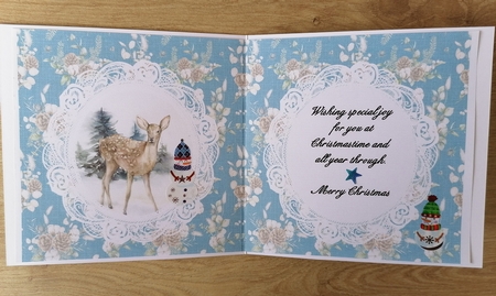 Christmas Scenes 12 Snowy Faun 6 x 6 Card Insert, Blue/Lace Floral Background by Honorscard Appleby