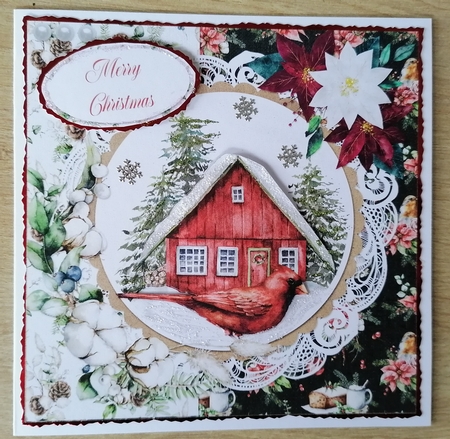 Christmas Scenes 15 Snowy Cottage & Red Cardinal 6 x 6 Card Front with Toppers and Sentiments by Honorscard Appleby