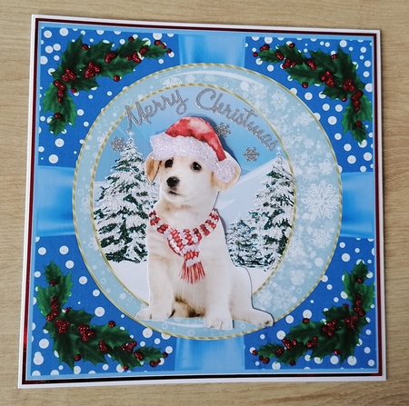 3 Blue Christmas pup with holly corners card front/topper 1 by Honorscard Appleby