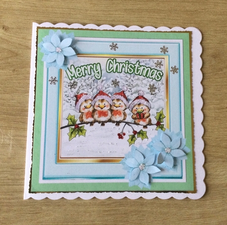 Lovely robins on a branch with blue poinsettias 7x7 card fronts by Honorscard Appleby