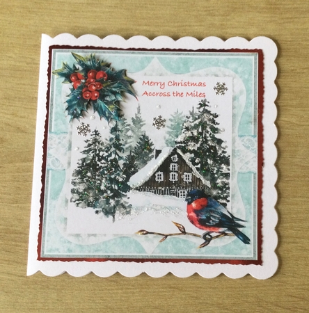 Christmas Scenes 23: Wintry Cabin 8 x 8 Card Front with Sentiment Toppers by Honorscard Appleby