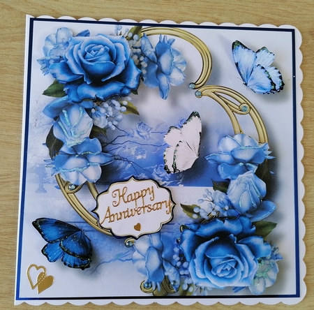 Blooms & Butterflies On Golden Frame - Blue Roses 8x8 by Honorscard Appleby